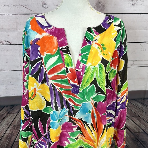 Lauren Ralph Lauren Womens Top Tunic size 2X Floral Vneck Hawaiian Aloha - Picture 2 of 11